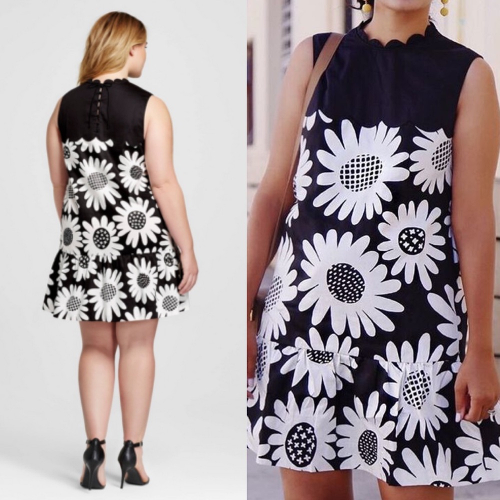 Victoria Beckham Target Black Daisy Drop Waist Scallop Trim White Dress 1X